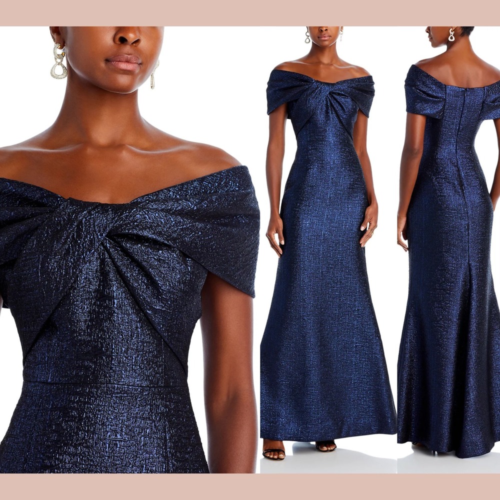 NWT $580 Teri Jon [ 6 ] Metallic Jacquard Twist Bodice‎ Off Shoulder Gown J2080